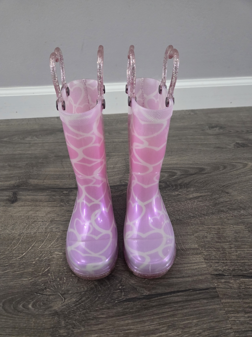 Western Chief Pink Heart Light Up Girls Rain Boots with Glitter Handles Size 7